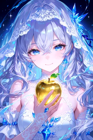 Silver Girl Holding Apple Prompt — Stable Diffusion AI Prompt: 1girl, long wavy silver hair, blue eyes, soft blush, gentle smile, wearing elabo...