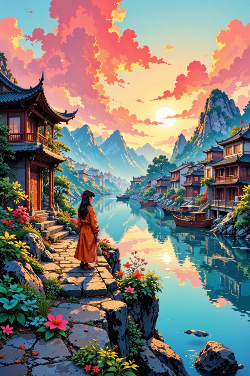 An Aquatic City Beautiful Landscape, Early Morning, Woman, V...