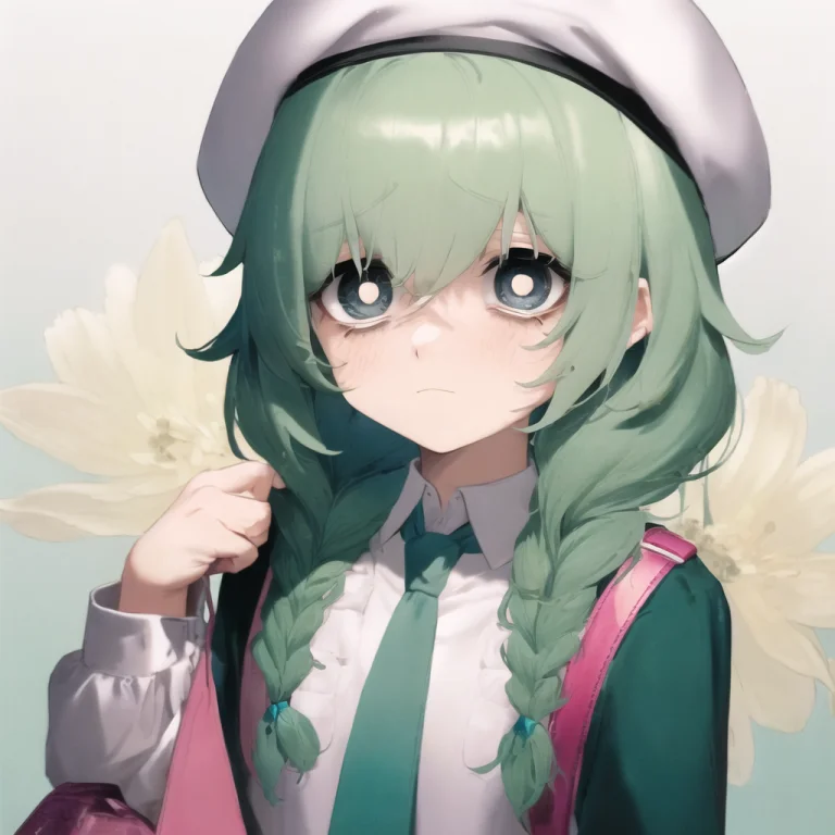 1girl, Bags Under Eyes1.5, Mint Green Hair, Twinbraid, White...