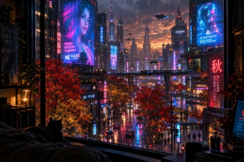 Looking Out From A Cyberpunk Apartment Window At A Rain-soak... — Stable Diffusion AI Prompt: Looking out from a cyberpunk apartment window at a rain-soaked cityscape on an a...