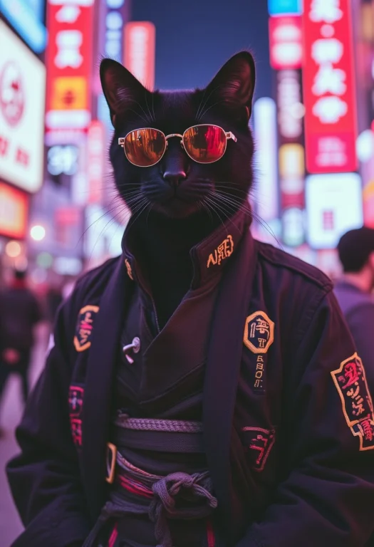 Neo Photorealistic Art Style, A Bipedal Black Cat With Sungl...