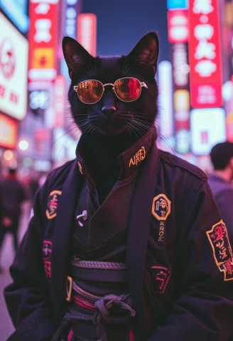 Neo Photorealistic Art Style, A Bipedal Black Cat With Sungl... — FLUX AI Prompt: Neo Photorealistic Art Style, A bipedal black cat with sunglasses and a samurai...