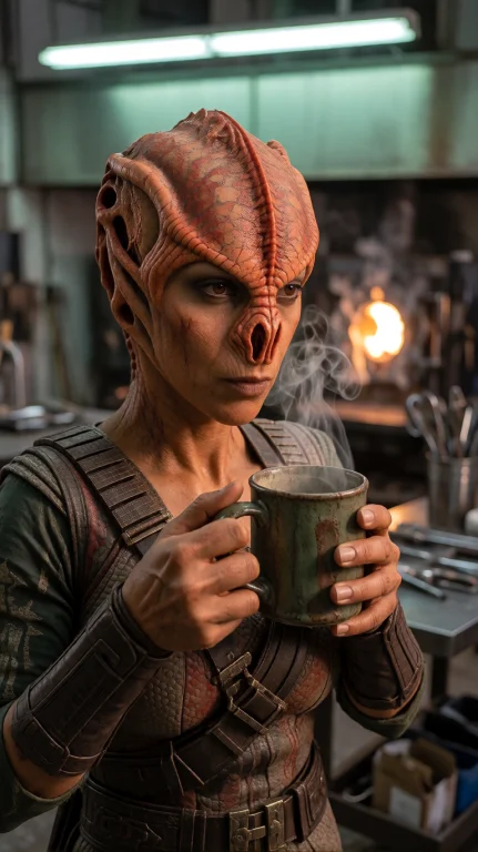 Tmrnfml Alien Woman, Chest-up, Eye-level, Holding Steaming M...