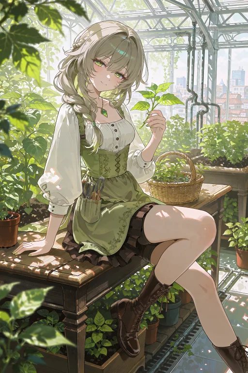 An Anime Woman With Flaxen Hair In A Loose Side Braid, Olive...
