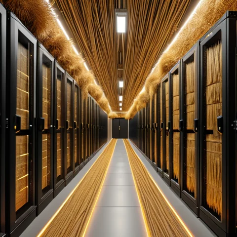 Golden Harvest Data Center Artistic Rendering — SDXL AI Prompt: a data center corridor lined with humming server racks and blinking indicator li...