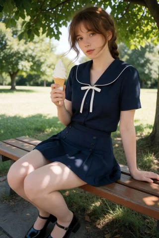 Young Woman Ice Cream Snack — Stable Diffusion AI Prompt: A young woman , taned skin, in her early 20s with fair freckled skin, soft natur...
