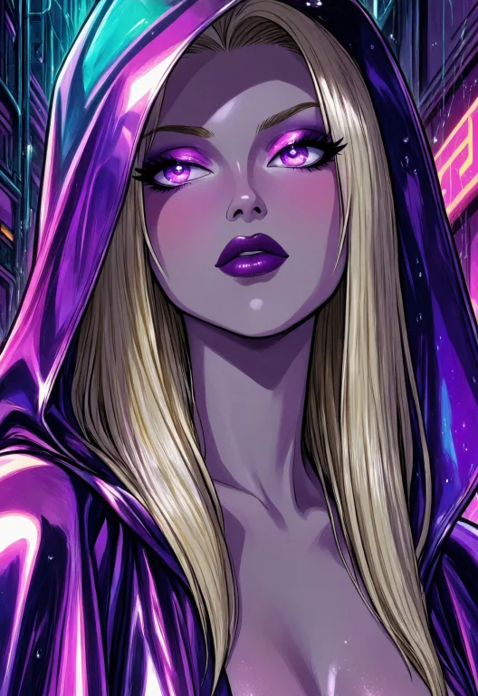 Close-up, Glowing Purple Lipstick, Violet Contact Lenses, Sl...