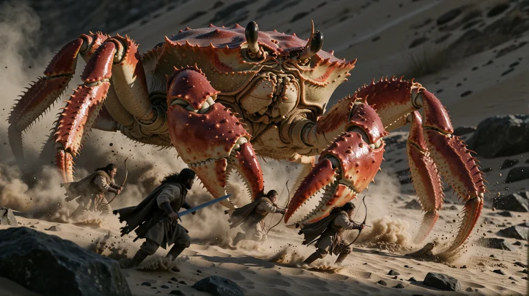 Colossal Red Crab Towering Over A Sandy Landscape, Human War...