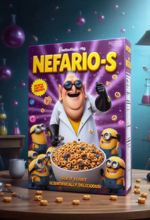 A Vibrant, Cartoonish Cereal Box Design Titled Nefario-s, Fe...