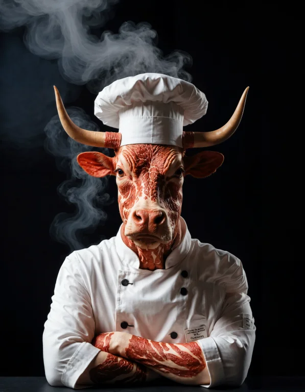 Bull Cow Made Of Wagyu, Wearing White Chef Hat, Wearing Whit...