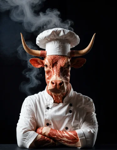 Bull Cow Made Of Wagyu, Wearing White Chef Hat, Wearing Whit... — SDXL AI Prompt: bull cow (made of wagyu), wearing white chef hat, wearing white chef uniform, ar...
