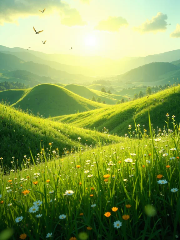 Emerald Green Grasslands Interwoven With Vibrant Wildflowers...