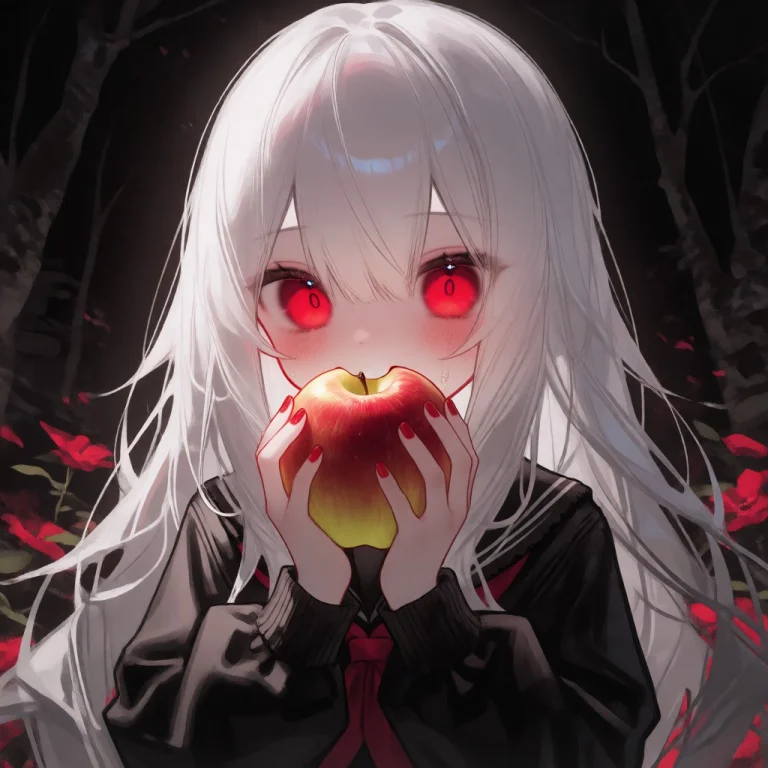A Girl With Long White Hair And Red Eyes, Taking A Bite Out...