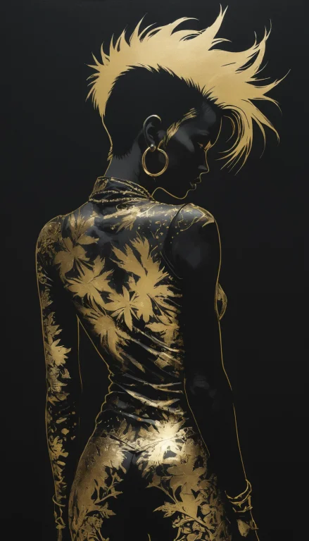 A Beautiful Punk Woman, Very Detailed, Silhouette With Gold...