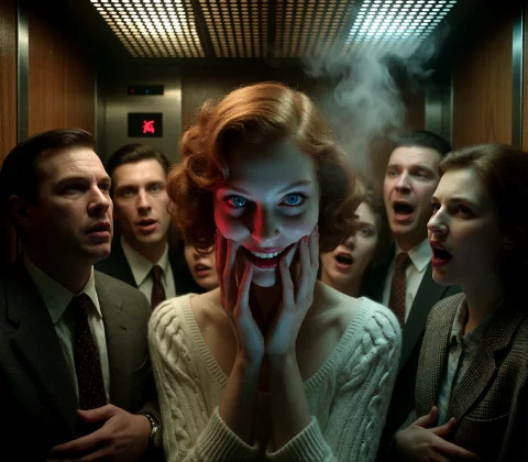 Lorakrea2 - Style - Horror - Dc Uncanny Horror Movie V1.01 D... — Stable Diffusion AI Prompt: DCUNC@NNY,A hyper-stylized Norman Rockwell-esque elevator packed with panicked...