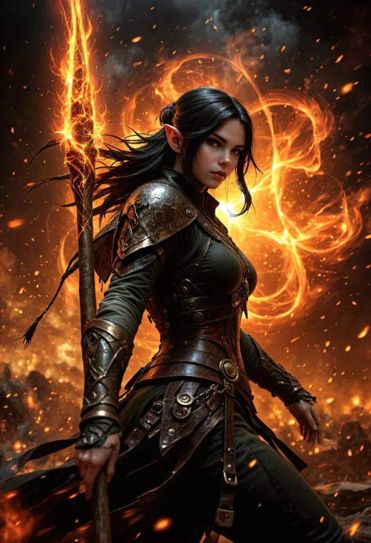 An Elf Warrior With Long, Flowing Black Hair, Distinctive Po...