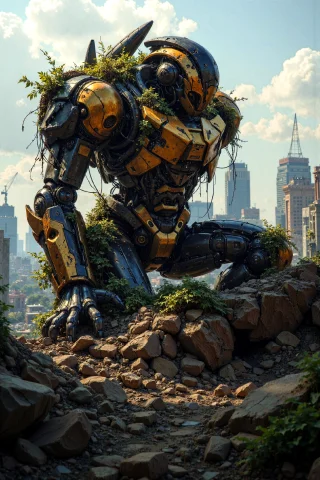 From Ground Level, The Observer Gazes Upward At An Immense H... — FLUX AI Prompt: From ground level, the observer gazes upward at an immense humanoid mech in a kn...