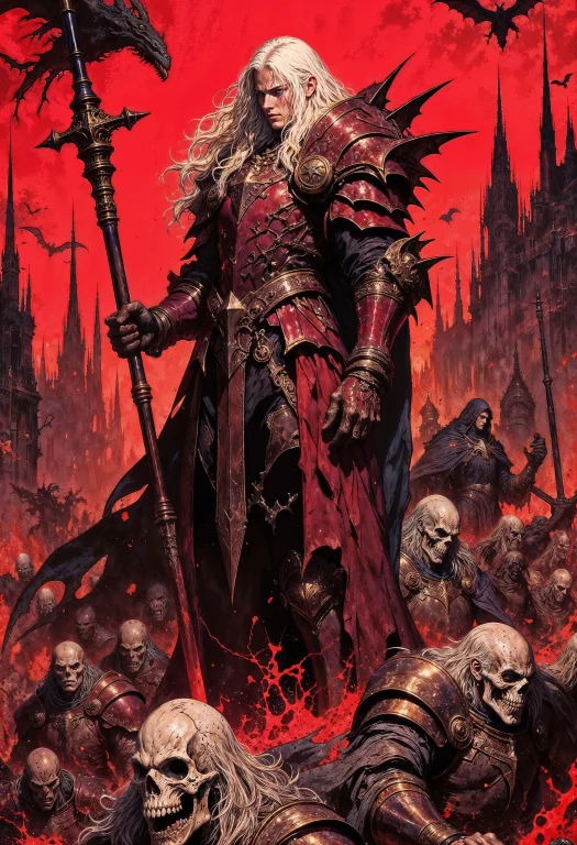 A Central Figure In Elaborate, Dark Red Armor With Sharp, An...
