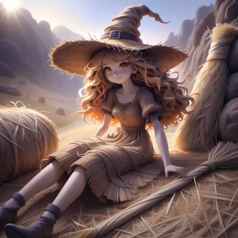 A Witch In A Straw Dress With Interlaced Patterns That Show...