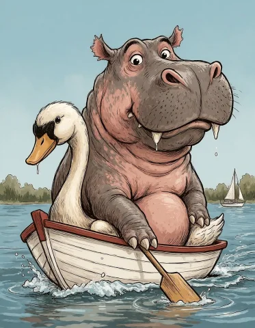 Funnycrushcomic, Heavy Hippopotamus Squeezed Into A Tiny Swa... — Stable Diffusion AI Prompt: funnycrushcomic, heavy hippopotamus squeezed into a tiny swan paddle boat, boat...
