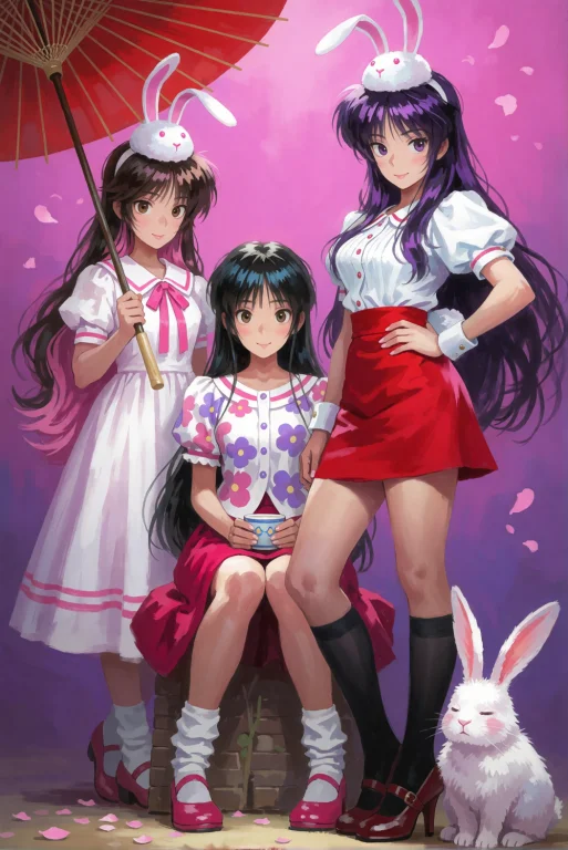 Matsudastyle Illustration Features Three Girls With Long, Fl...