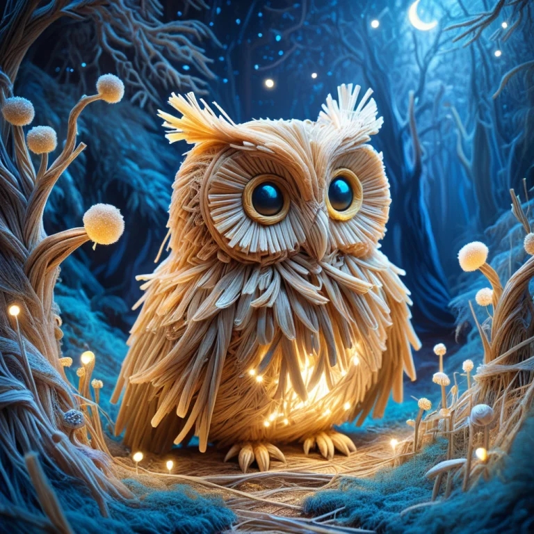 An Owl Made Of Straw Thread, Exploring, Magical Glowing Envi...