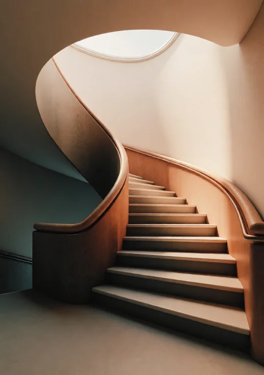 A Curved Staircase With Smooth Wooden Railings Winding Upwar...