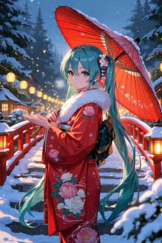 Stable Diffusion Fashion Prompt — Stable Diffusion AI Prompt: a young woman aged at 25, Hatsune Miku, wearing a traditional red kimono with wh...