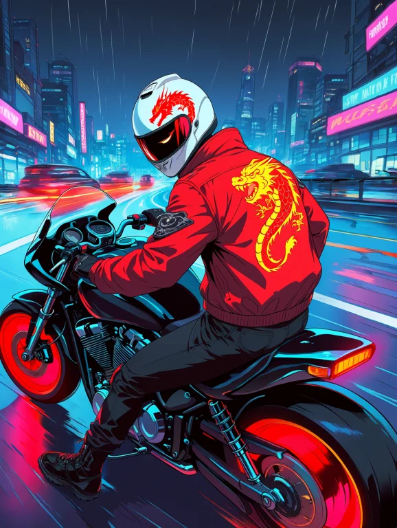 Best Quality, Newest, Highres, Cyberpunk Aesthetic, Biker In...