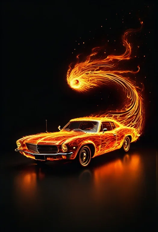 A Sleek Car Rendered Entirely In Flowing Flame, Its Aerodyna...