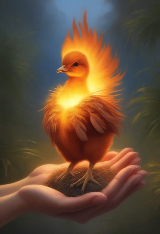 Best Quality, Highly Detailed, A Phoenix Chick Cupped In Two...