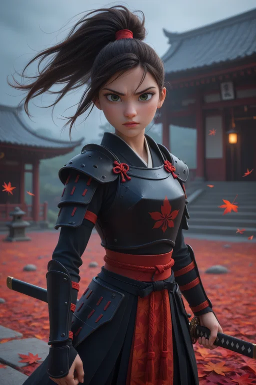 Cowboy Shot, 1girl, Fierce Samurai Ronin, Traditional Dark A...