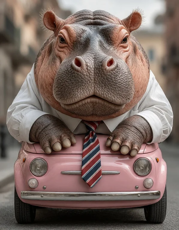 A Photorealistic, Humorous Image Of A Giant Hippopotamus In...