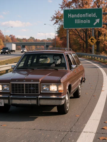 A Cinematic Photorealistic Scene Of Michael Myers Driving A... — Stable Diffusion AI Prompt: A cinematic photorealistic scene of **Michael Myers** driving a **1978 Ford LTD...