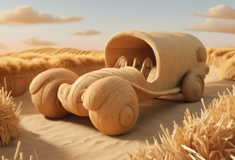 Luxury Car From Straw — SDXL AI Prompt: A luxury modern supercar made entirely out of straw thread texture, bound stalks...