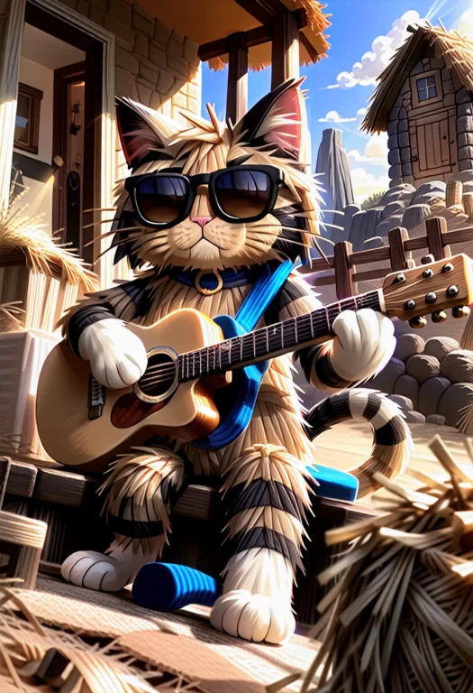 A Cat Wearing Sunglasses Is Playing The Guitar In Front Of A...