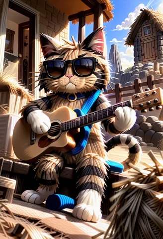 A Cat Wearing Sunglasses Is Playing The Guitar In Front Of A... — SDXL AI Prompt: A cat wearing sunglasses is playing the guitar in front of a bale of straw made...