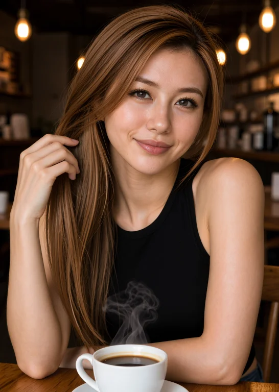 P1nkalexia Sitting Naturally At A Small Wooden Table In A Co...