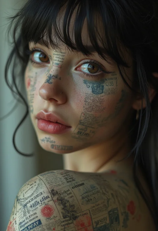 Photo Of A Woman With Newspaper Print On Her Skin And Black...
