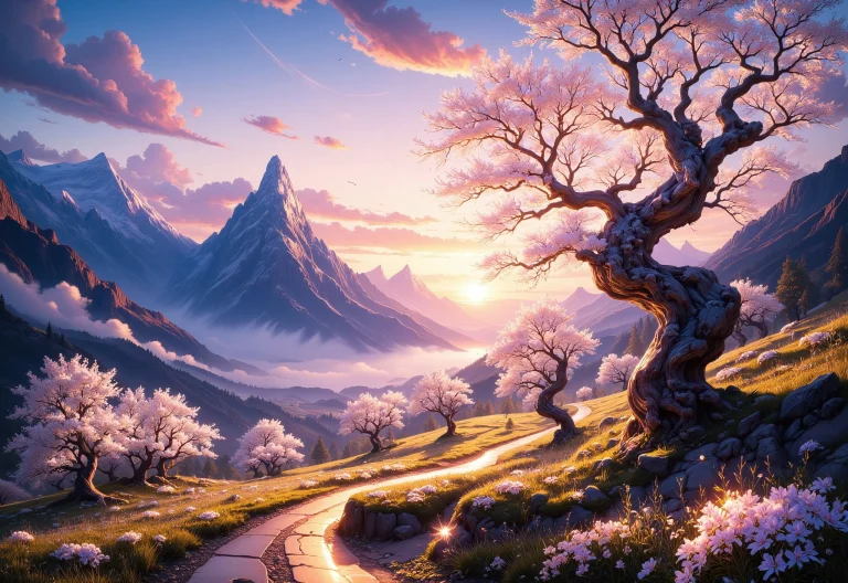 A Golden Road Winds Through A Misty Valley Towards Towering...