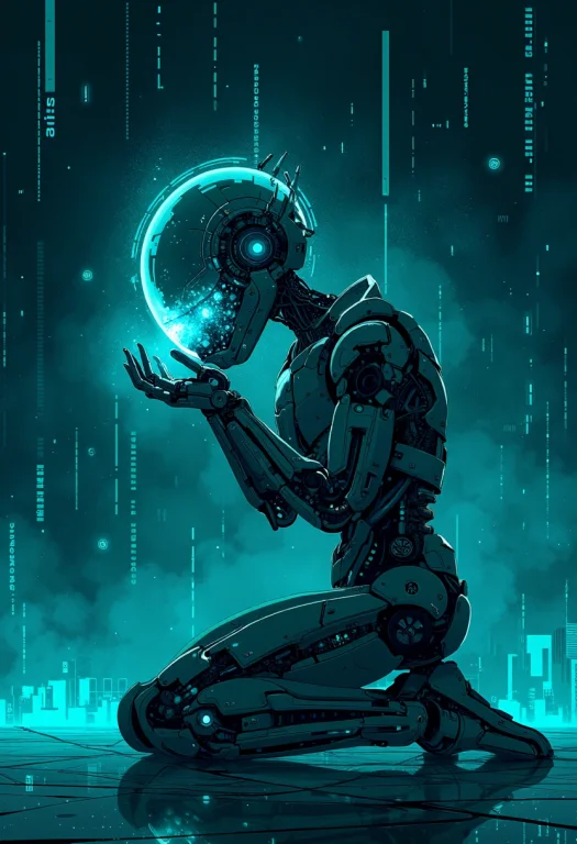 Anime, Full Body Of Slim Sleek Droid Kneeling On The Ground,...