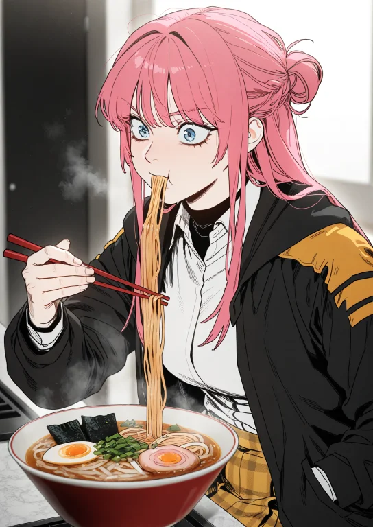 1girl, Solo, Eating A Slice Of Ramen With Chopsticks, Steami...