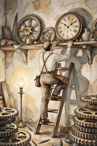 Apieckstyle, The Clockmaker Climbs A Small Wooden Ladder To... — Stable Diffusion AI Prompt: apieckstyle, the clockmaker climbs a small wooden ladder to reach a high shelf l...