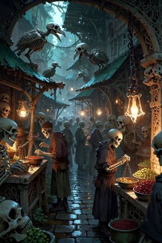 Medieval Marketplace Bones — Stable Diffusion AI Prompt: , boneswm, a bustling medieval marketplace where every stall arch and cobbleston...