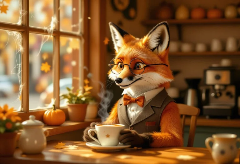 A Whimsical, Anthropomorphic Fox Wearing A Tiny Waistcoat An...