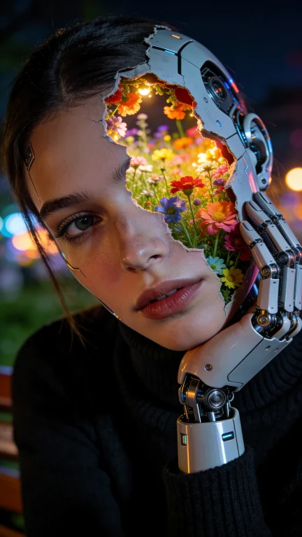 A Beautiful Cyborg Figure Sitting At Night, Wearing Black Tu...