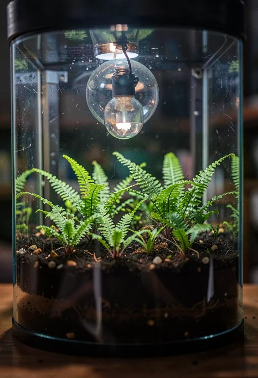 A Terrarium Of Tiny Ferns Under Glass, Documentary Photograp...