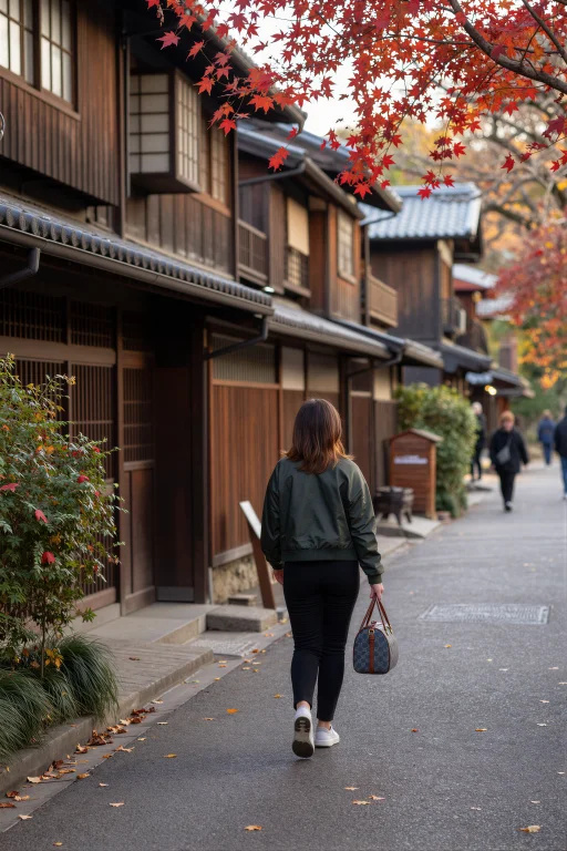 A Woman With A Small Travel Bag Walks Alone Through A Quiet...