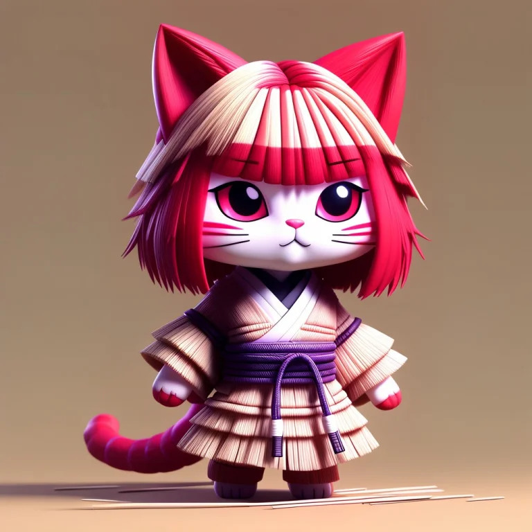 A 3d Chibi Anime Red Hair Cat Girl Wear Straw Samurai Dresse...