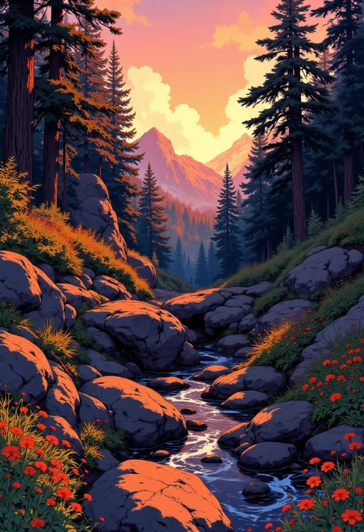 Image Of A Rugged Forest Clearing With Eroded Rocks, Wildflo...